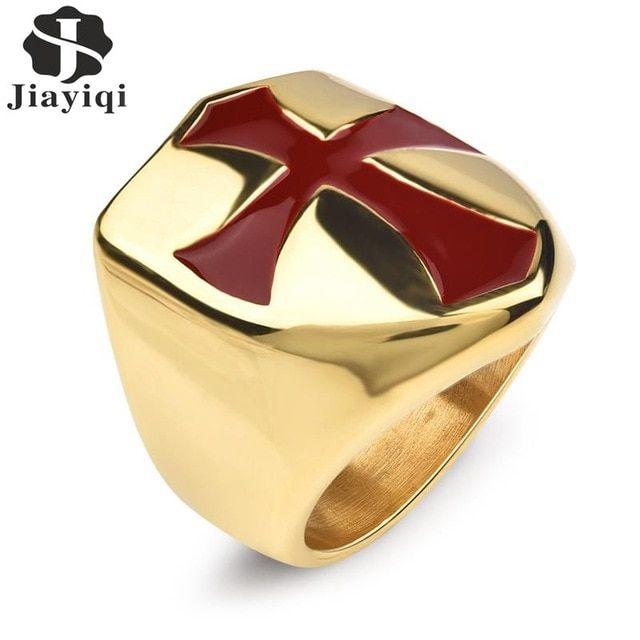 Red Cross Ring Logo - Jiayiqi Vintage Retro Punk Red Cross Rings Gold Shield 316L