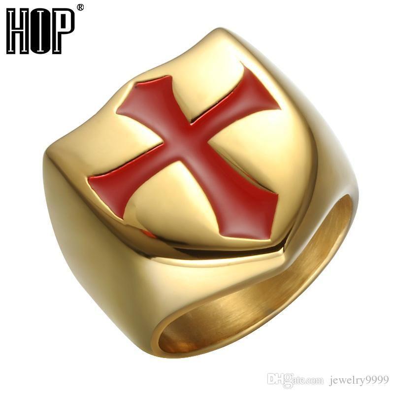 Red Cross Ring Logo - Hip Hop Hop Mens Chunky Red Cross Ring Gold Color Stainless Steel