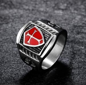 Red Cross Ring Logo - Vintage Men Stainless Steel Red Shield Cross Ring Retro Punk Rock