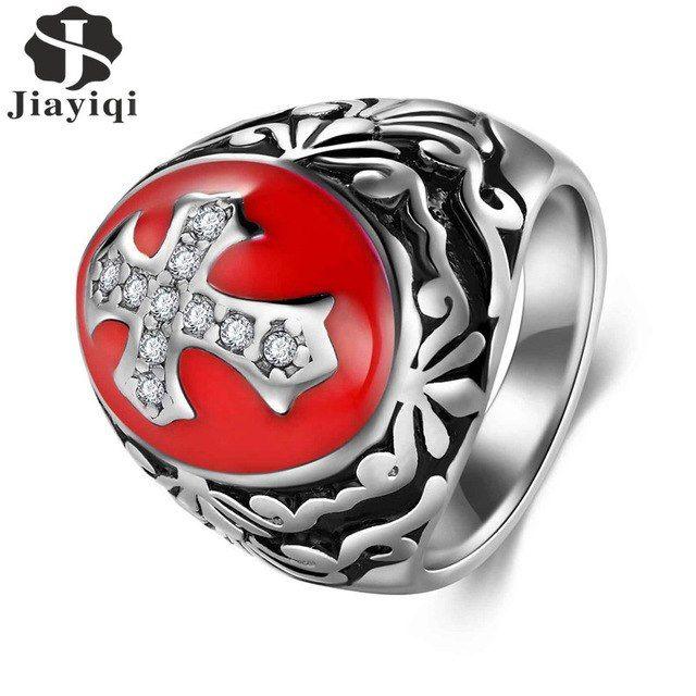 Red Cross Ring Logo - Jiayiqi Punk Red Stone Jesus Cross Ring Men Titanium Steel Ring ...