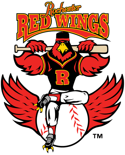Baseball Bird Sports Logo - Rochester Red Wings Primary Logo (19--) - A bird sitting on a ball ...