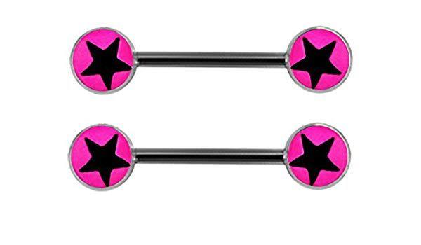 Pink Star Logo - Pair of Stainless Steel Pink & Black Star Logo Nipple