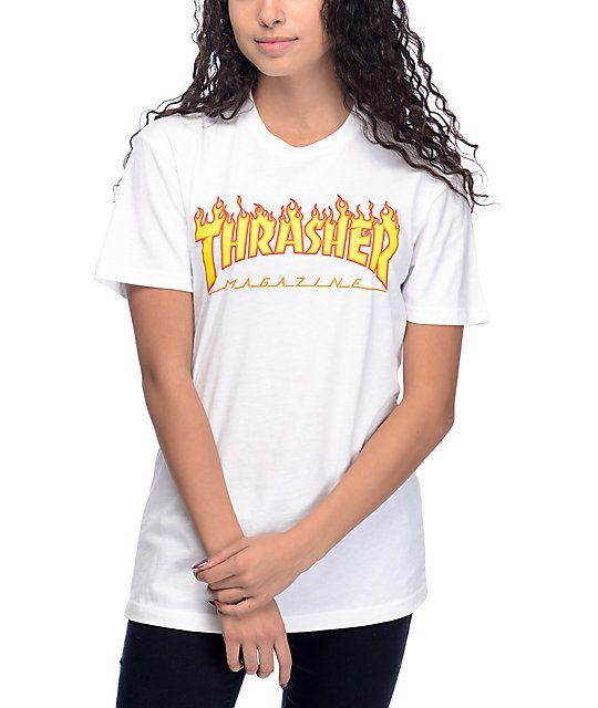 White Thrasher Logo - Thrasher Flame Logo White Boyfriend Fit T-Shirt | Zumiez