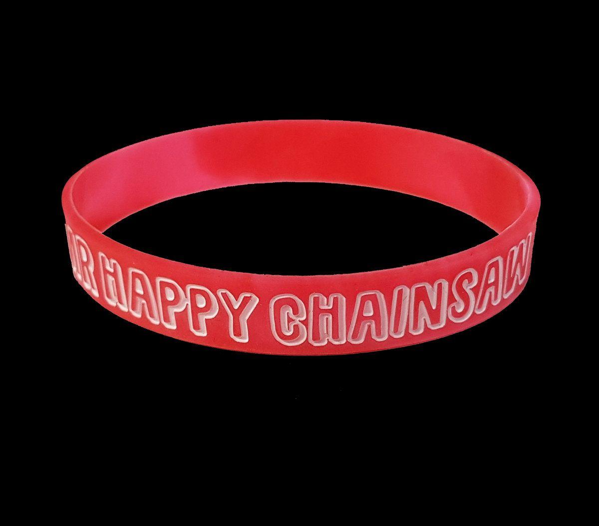 Pink Swirl Logo - Red & Pink Swirl Wristband. Mr Happy Chainsaw