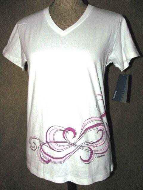 Pink Swirl Logo - Reebok Shirt White Pink Swirl SS V Neck Logo Sport Relaxed Fit ...