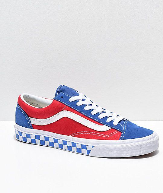 Red and Blue Shoes Logo - Vans Style 36 BMX Red, White & Blue Checkerboard Skate Shoes