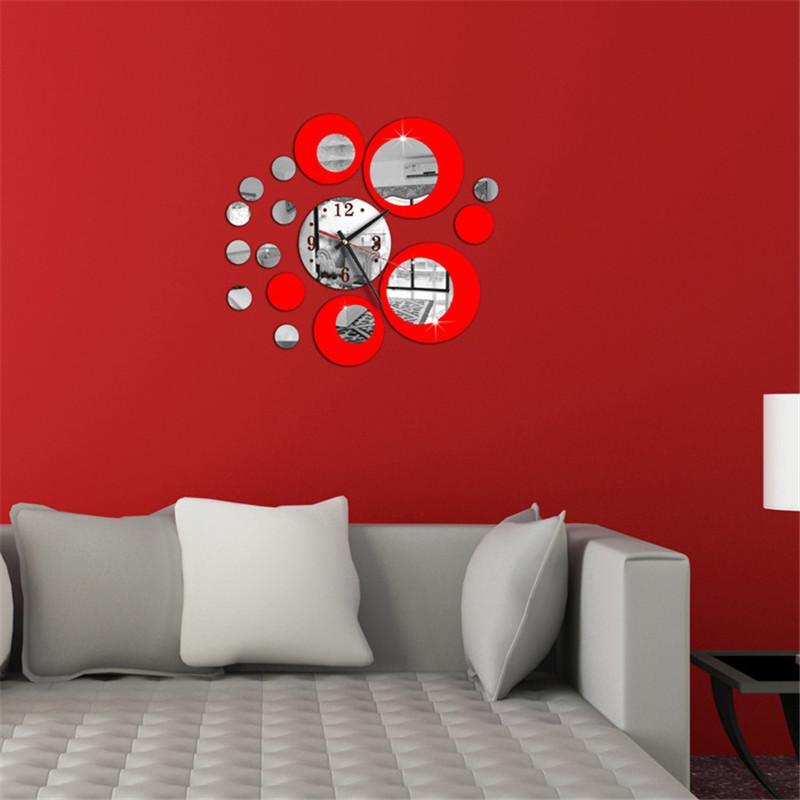 Silver Circle Red E Logo - Creative Home Wall Colck Red And Silver Circle 3D Crystal Mirror