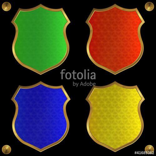 Green and Red Shield Logo - Green, red, blue and yellow shields on a black background. Stock