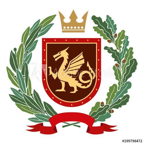 Green and Red Shield Logo - Heraldic image. On the red shield is a stylized golden dragon. On ...