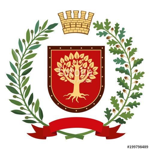 Tree with Red Shield Logo - Heraldic image. On the red shield there is a stylized golden tree ...