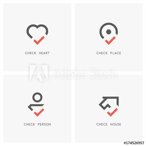 Tick Mark Logo - Check mark logo set. Heart, place pointer, person and house or home ...