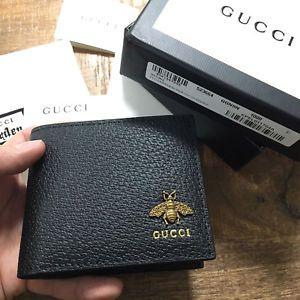 Authentic Gucci Logo - Authentic GUCCI ANIMALIER BEE GG Black Bifold Leather Men Wallet ...