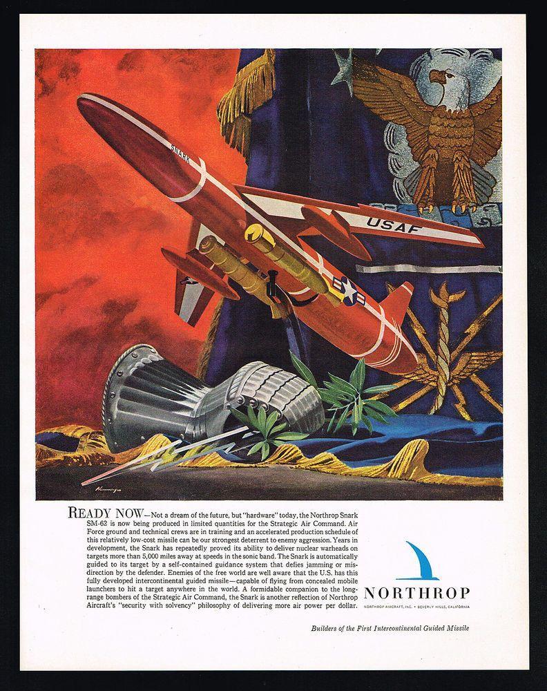 Vintage Northrop Aircraft Logo - Northrop Aircraft Snark SM 62 Missile USAF Vintage Art Print Ad