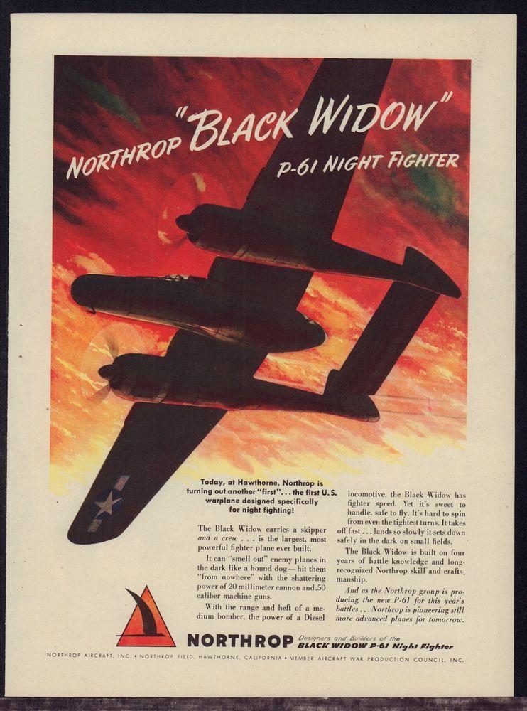 Vintage Northrop Aircraft Logo - WW II Northrop P 61 BLACK WIDOW Night Fighter WWII WW2 Aorcraft
