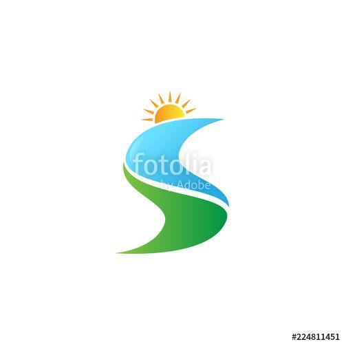 River Flowing Logo - river flowing shape with sun in the peak vector logo design Stock