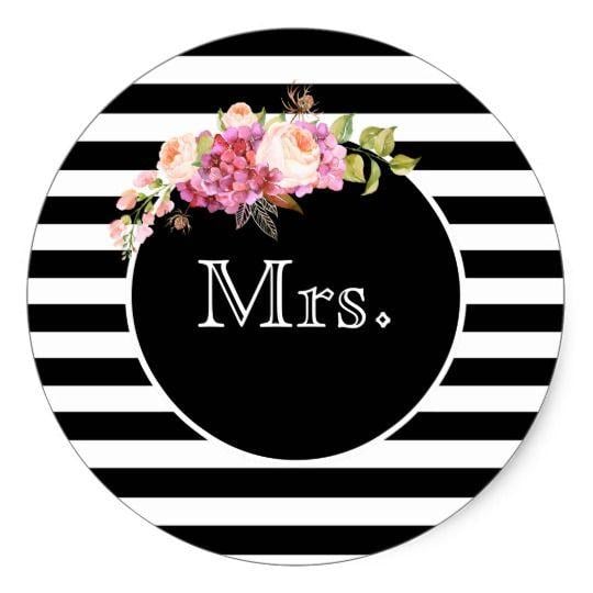 Flowers Black and White Logo - Mrs. with Black & White Stripes and Flowers Classic Round Sticker ...