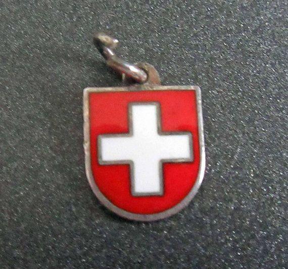 Red White Cross On Shield Logo - Switzerland Flag Charm, Enamel Shield Charm, Suisse Souvenir, Red