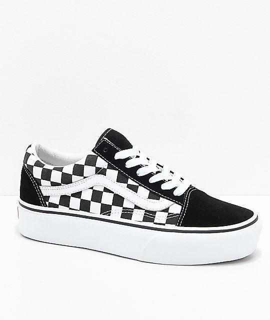 Checkered Vans Skateboard Logo - Vans Old Skool Black & White Checkered Platform Skate Shoes | Zumiez