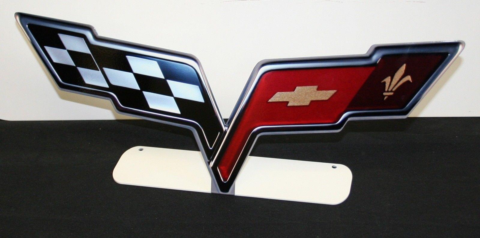 Metal Corvette Logo - CORVETTE C6 CROSS FLAGS EMBLEM FREE STANDING Metal Sign. Custom