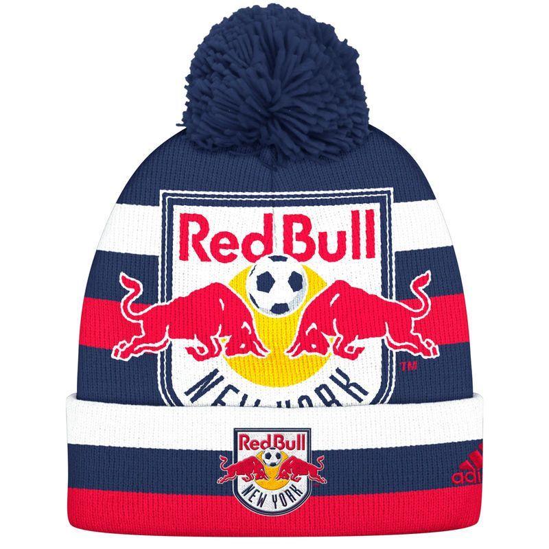 Blue White and Red Bull Logo - New York Red Bulls adidas Double Logo Cuffed Knit Hat with Pom ...