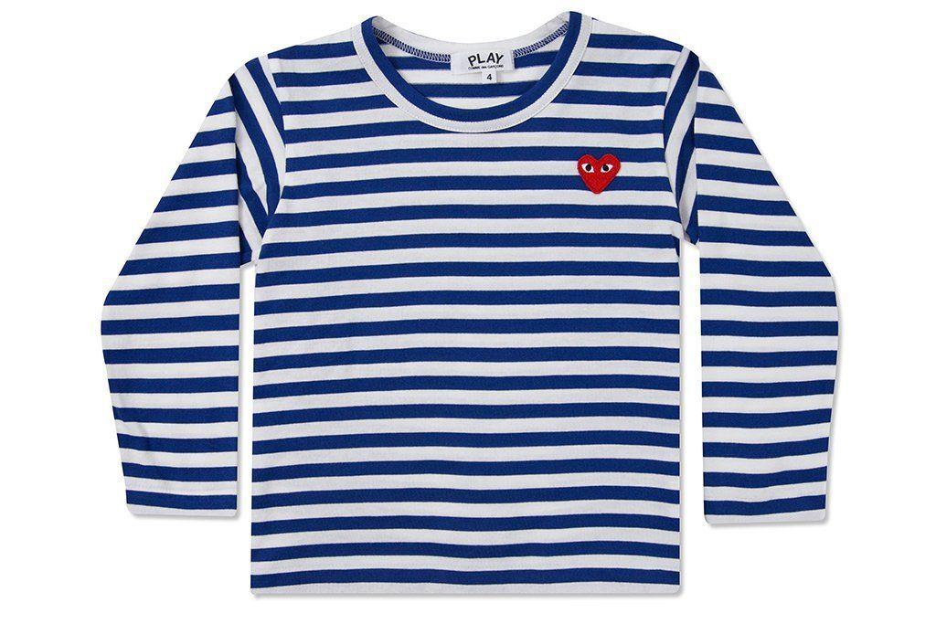 Striped Blue and White Logo - Comme des Garcons Play Kid's Striped Long Sleeve T-Shirt - Blue ...