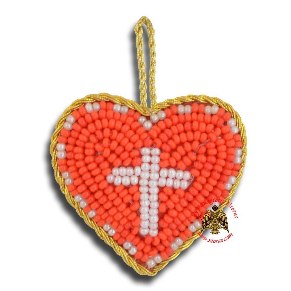 Red Heart with White Cross Logo - Orthodox Filakto Amulet Pendant Red Heart with White Cross Beads