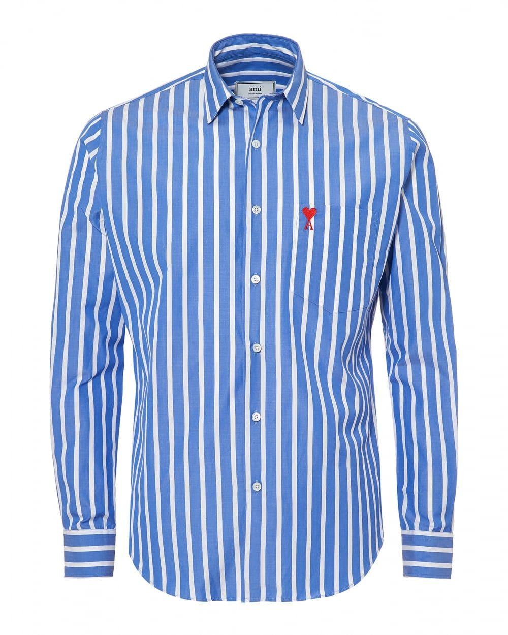 Striped Blue and White Logo - Ami Mens Summer Fit Broad Stripe Blue White Shirt