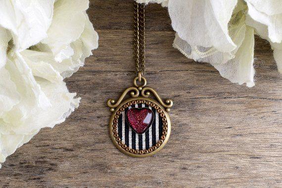 Red Heart with White Cross Logo - Heart and stripes necklace Holographic red heart pendant
