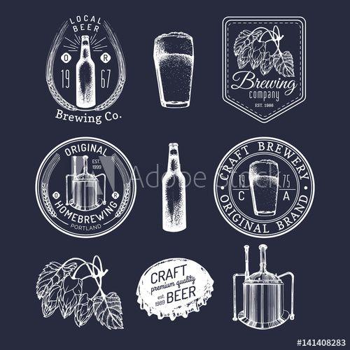 Vintage Glass Company Logo - Old brewery logos set. Kraft beer retro signs with hand sketched