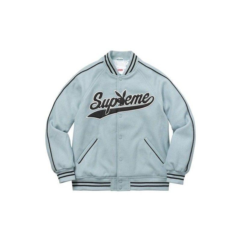 Varsity Blue Supreme Logo - Supreme x Playboy Wool Varsity Jacket 'Baby Blue' | The Rarehouse
