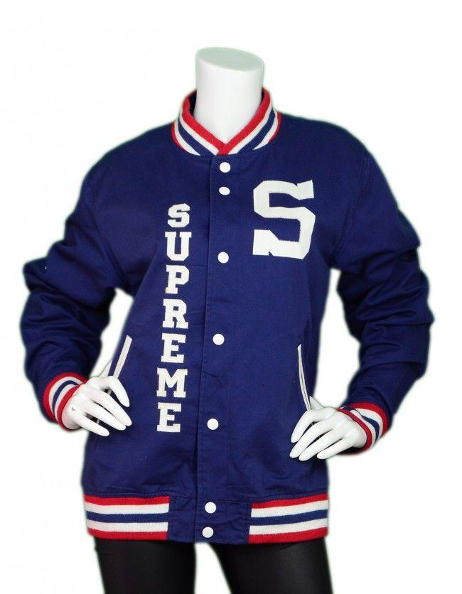 Varsity Blue Supreme Logo - Supreme Navy Blue/Red/White Cotton Blend Logo Varsity Jacket Sz L Unisex