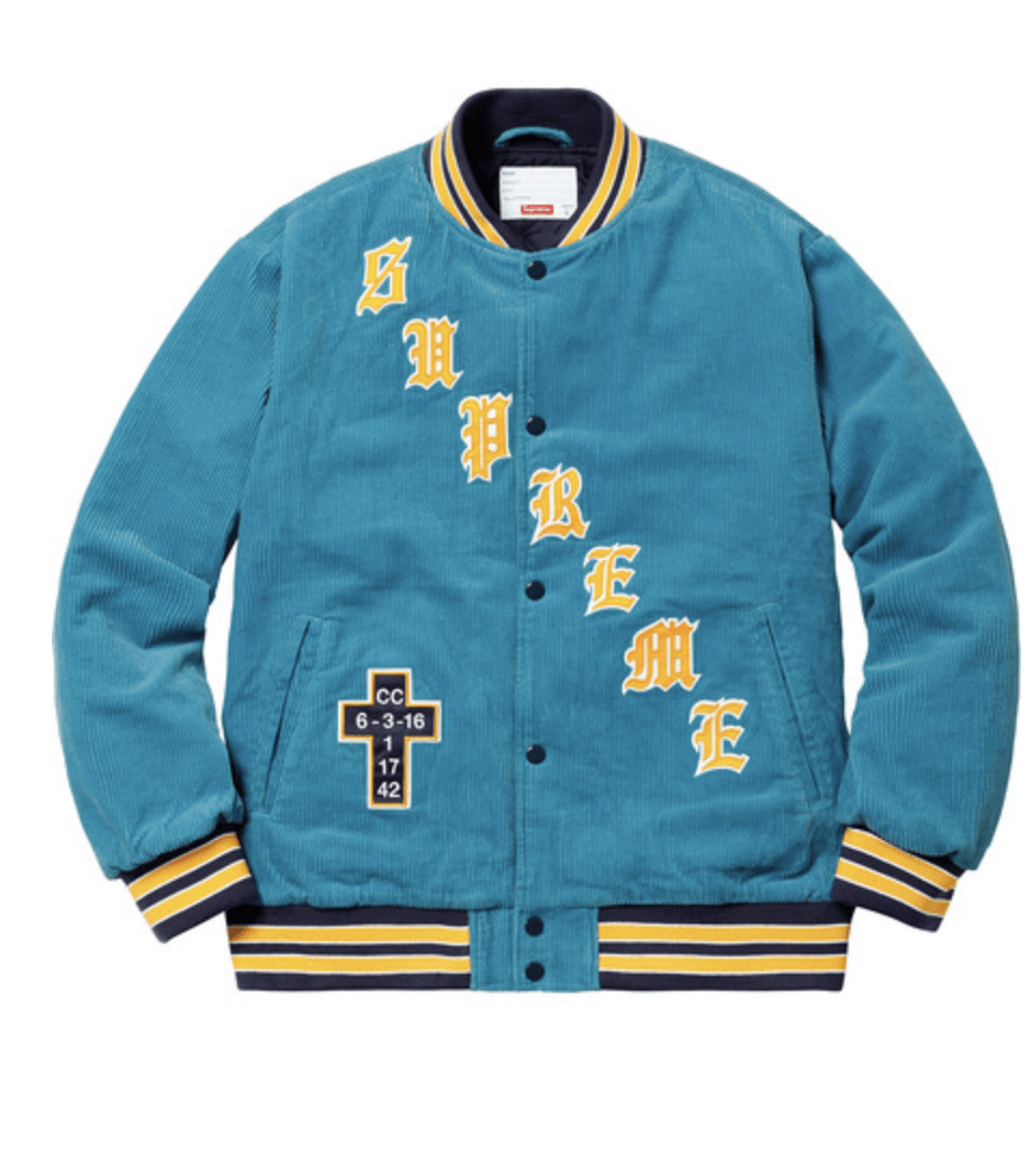 Varsity Blue Supreme Logo - Supreme SS18 Old English Corduroy Varsity Light Blue Bomber Jacket ...