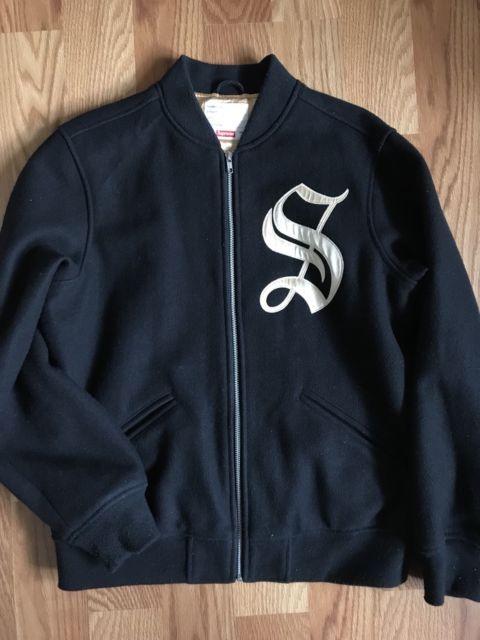 Varsity Blue Supreme Logo - Supreme Old English Zip Up Varsity Wool Jacket Black And Gold ...