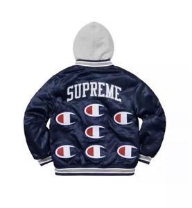 Varsity Blue Supreme Logo - SUPREME CHAMPION HOODED SATIN VARSITY JACKET NAVY LARGE BOX LOGO ...