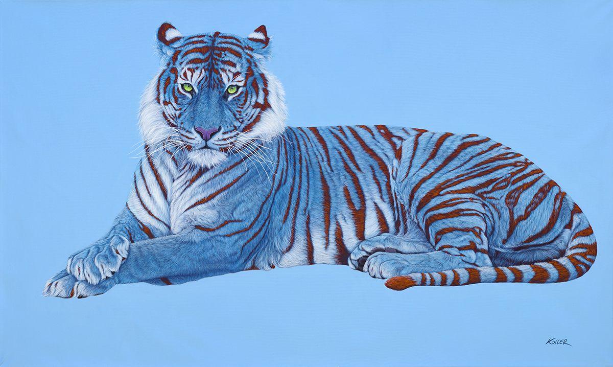 Red and Blue Tiger Logo - Blue Tiger on Blue with red Stripes - Galerie Dumonteil