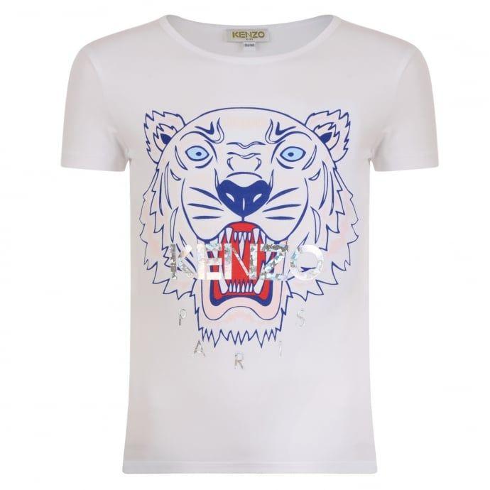 Red and Blue Tiger Logo - Kenzo Kids Girls White T Shirt With Red And Blue Tiger Logo