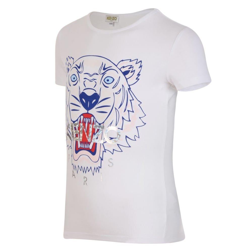 Red and Blue Tiger Logo - Kenzo Kids Girls White T Shirt With Red And Blue Tiger Logo