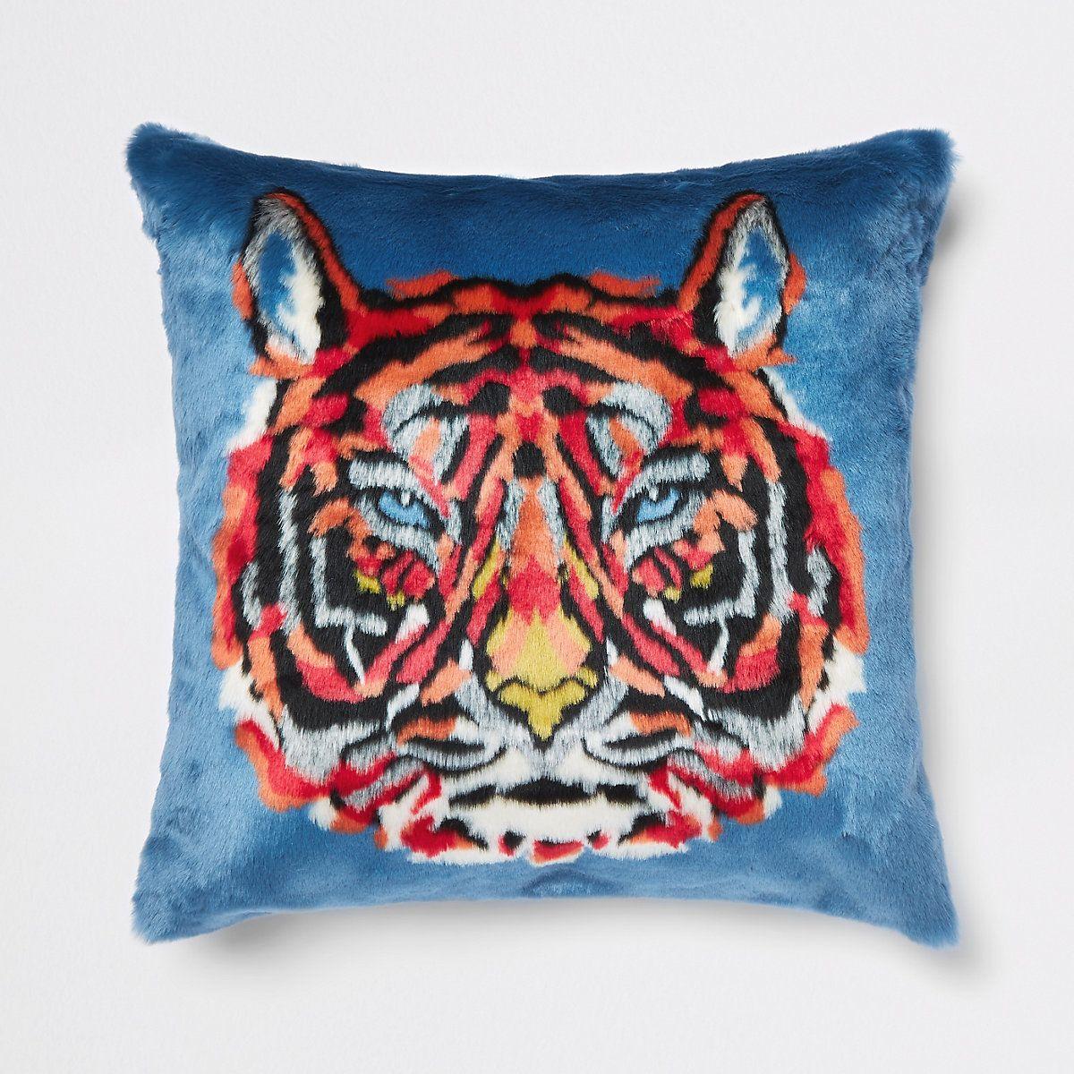 Red and Blue Tiger Logo - Blue tiger faux fur cushion - Cushions - homeware
