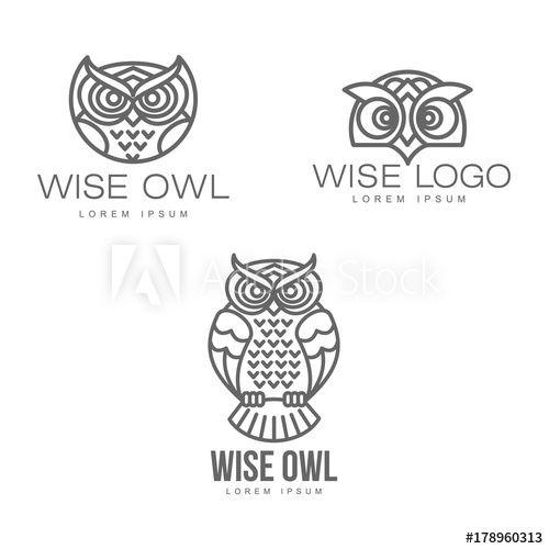 Wise Owl Logo - wise hand drawn sitting wise owl, owl head closeup set. brand logo ...
