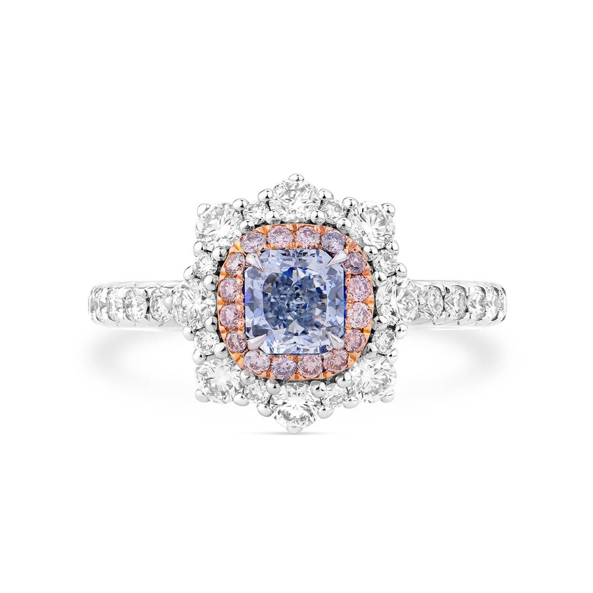 Red White and Blue Diamond On a C Logo - 0.61Ct Light Blue Diamond Ring Cushion Halo Flower Design 18K Red ...