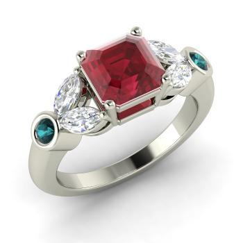 Red and Blue Diamond in White C Logo - Coriann Ring with Cushion cut Ruby, VS Diamond, Blue Diamond.18