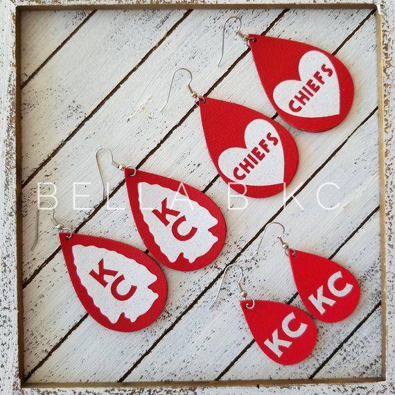 Red White Teardrop Logo - KC Kansas City Chiefs Red White Heart Genuine Leather Earrings