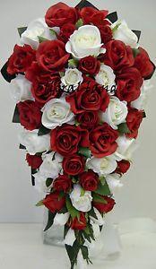 Red White Teardrop Logo - Wedding bouquet silk red white rose teardrop bouquets artificial fake