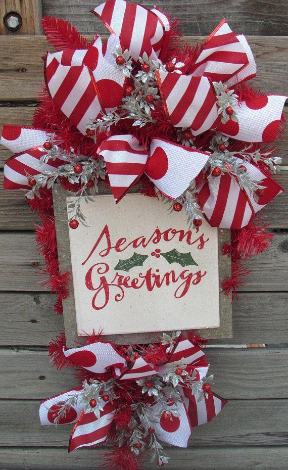 Red White Teardrop Logo - Season's Greetings Wreath Holiday Door Decor Christmas Teardrop