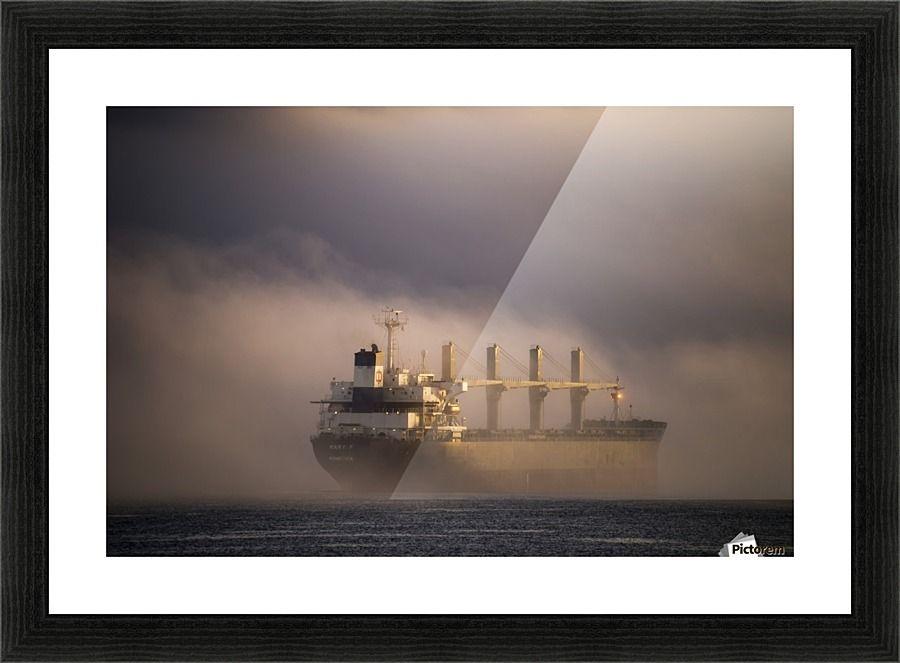 Ship Fog Logo - A ship anchors in the fog on the Columbia River; Astoria, Oregon
