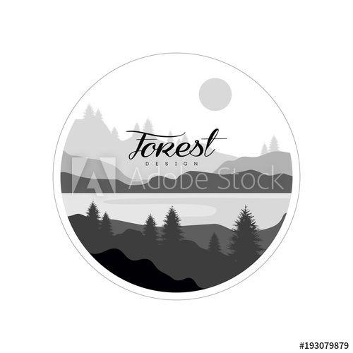 Round Black and White Mountain Logo - Forest logo design, beautiful nature landscape with silhouettes of ...