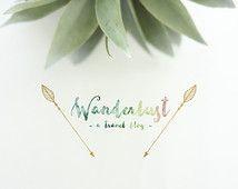 Rainbow Arrow Logo - Premade Logo Design - Gold Arrow Logo - Pastel Rainbow Watercolor ...