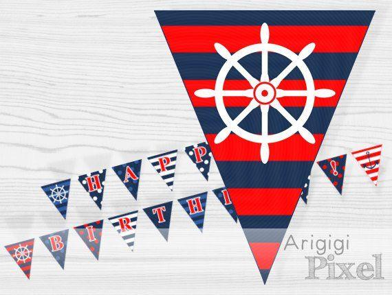 Anchor Blue Red Triangle Logo - Happy Birthday Nautical Banner with Anchor Pennants for Sailor