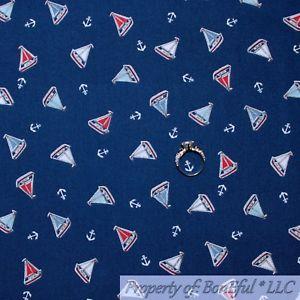Anchor Blue Red Triangle Logo - BonEful FABRIC FQ Cotton Quilt Navy Blue Red White Sail Boat Ship ...