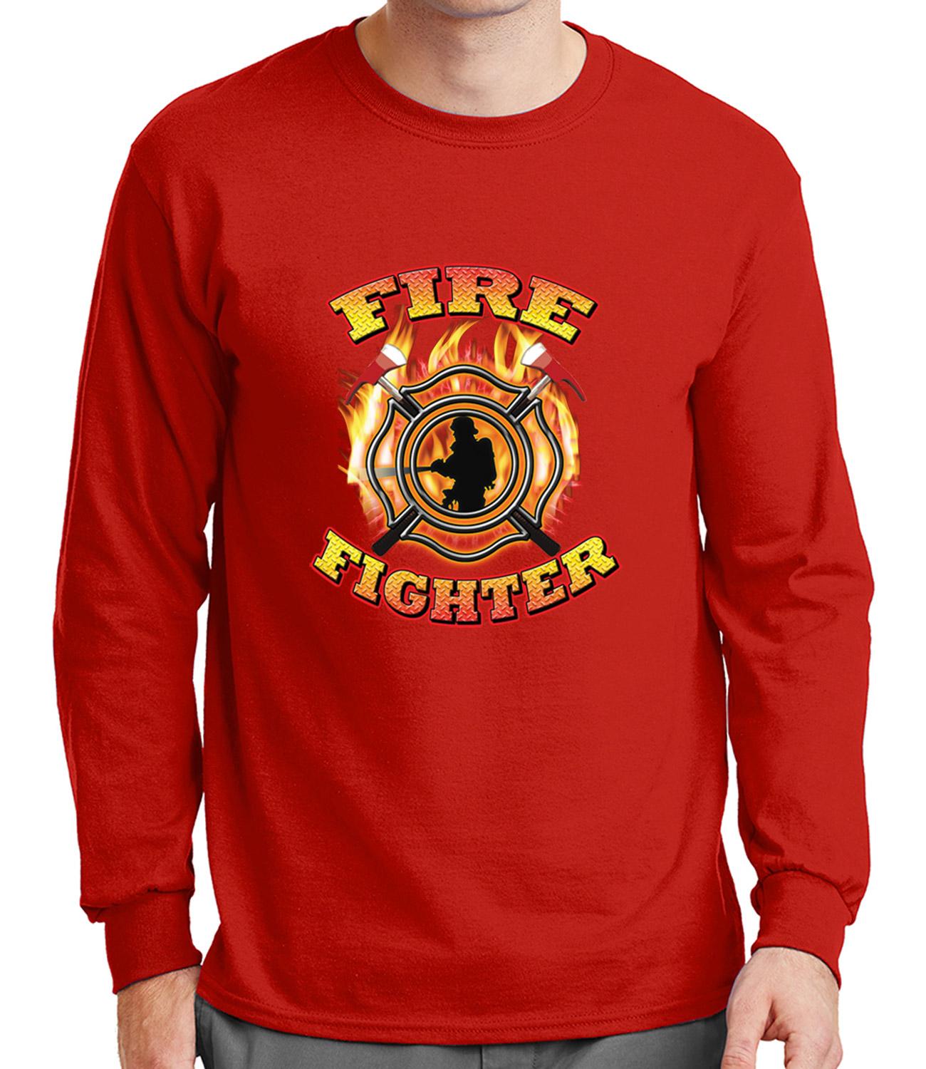 Fireman Logo - Fire Fighter Men's Long Sleeve T Shirt Fireman Logo Flames